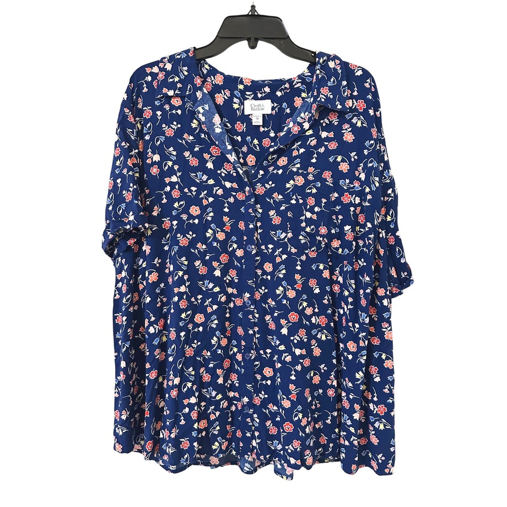 Croft & Barrow Womens XXXL Navy Blue Floral Short‎ Sleeve Button Down Shirt